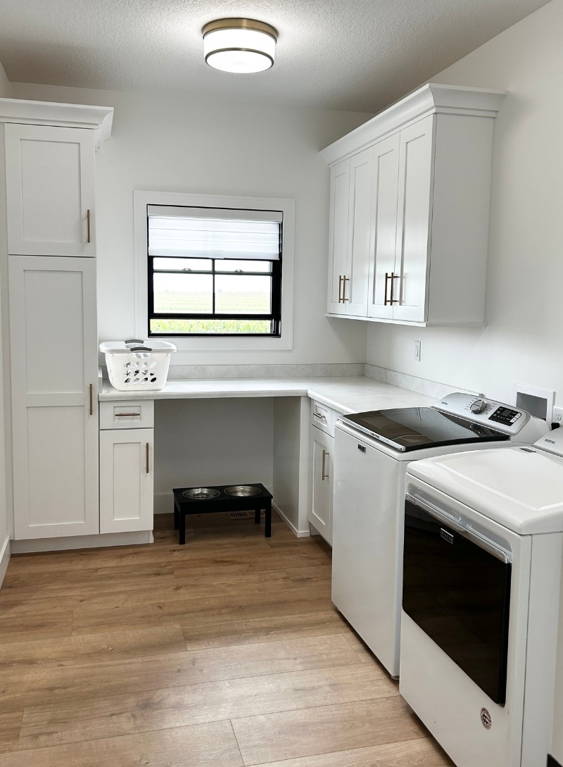 laundry room ideas with folding counter and dogbowls