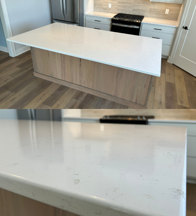 Kitchen island overhead view of countertops in Carrara Breve MSI Q Quartz material