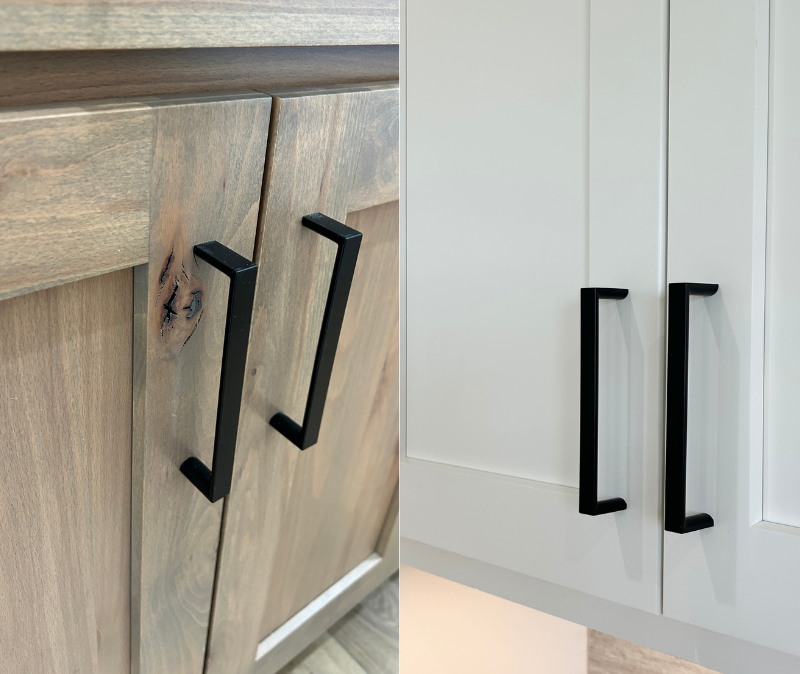 close up shots of combination finish kitchen colors with Rustic Beech in Almond stained doors on left and painted Shoji White doors on right