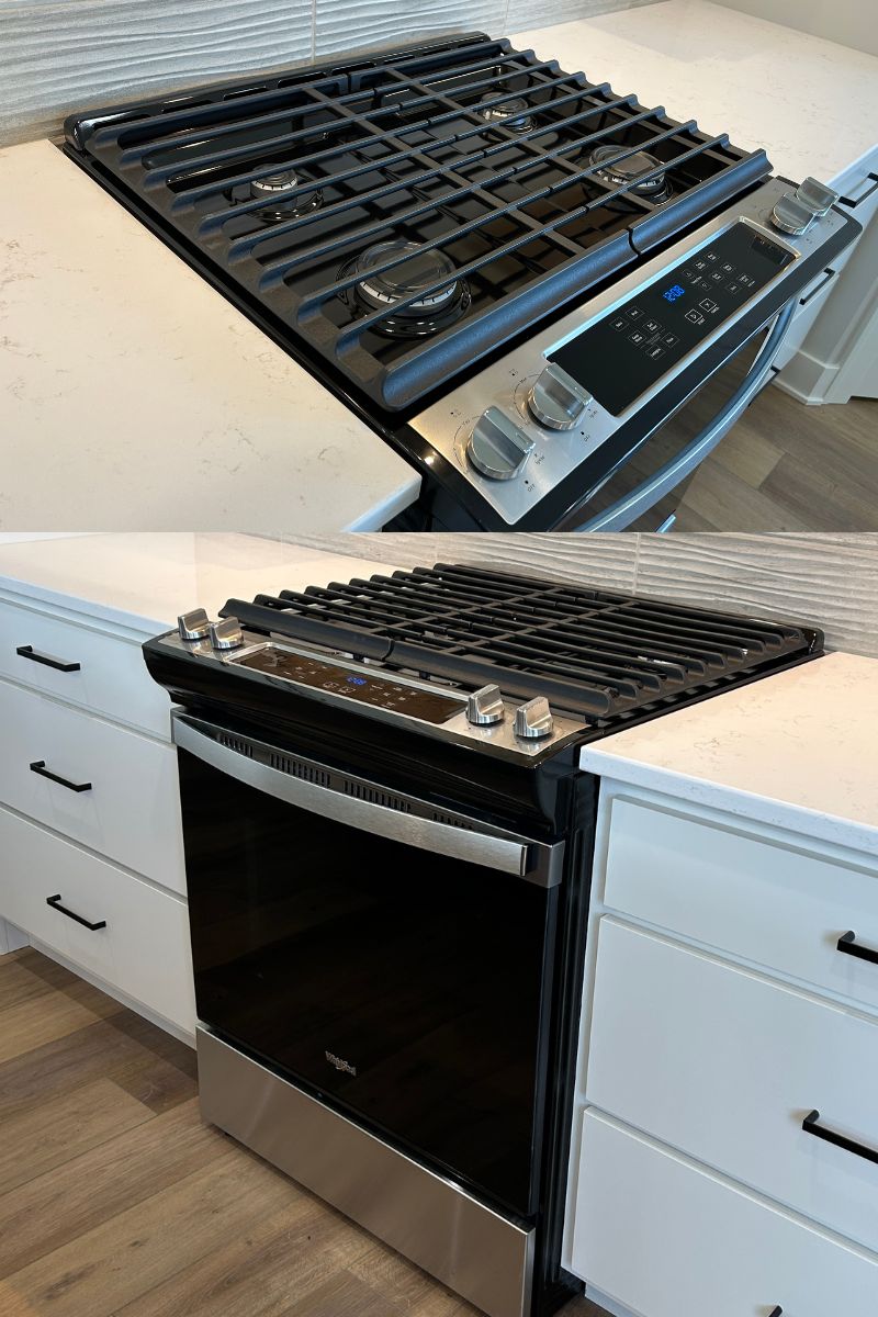 images of gas cooktop and front view of Whirlpool slide in range
