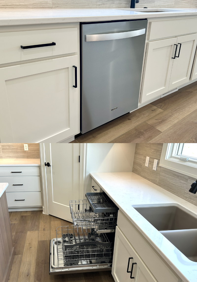 Whirlpool dishwasher shown with Stainless door closed and open displaying third level utensil rack layout