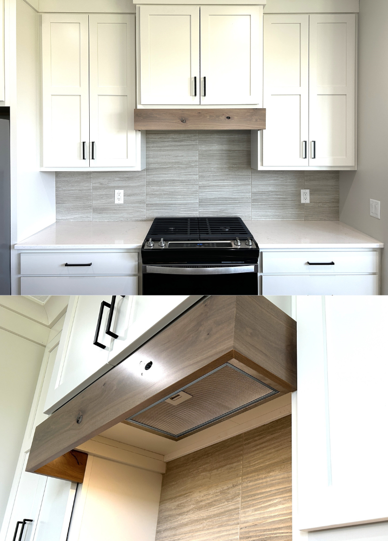wide shot of wood range hood with white and rustic beech accent band and close up looking up into hood with insert