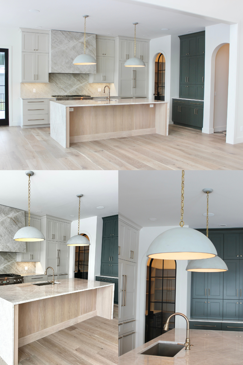 cement look Elliot visual comfort kitchen pendant lighting installed above a white oak kitchen island