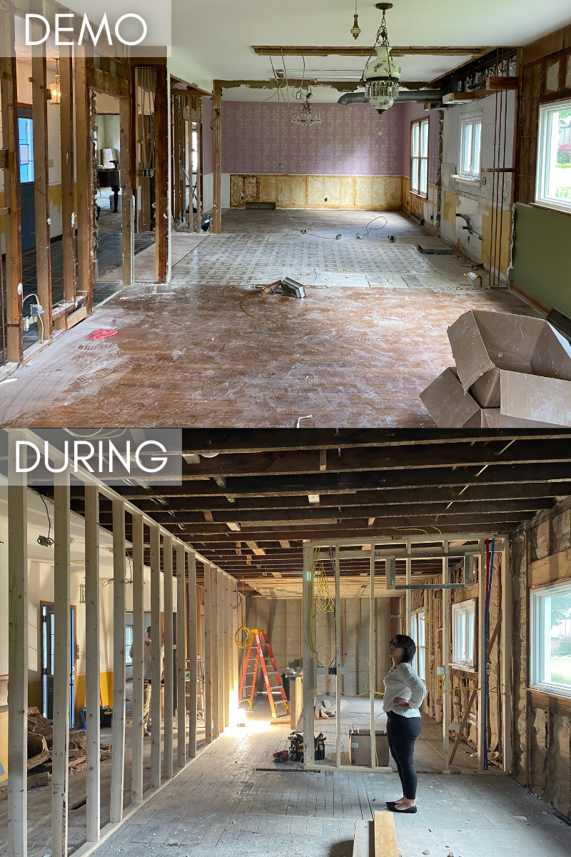 images of kitchen remodel during demo phase and with temporary wall in place
