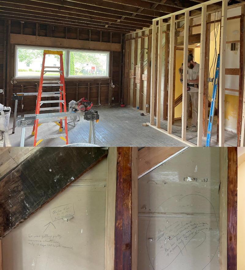 kitchen remodel demo images with hidden messages revealed on walls after tear out