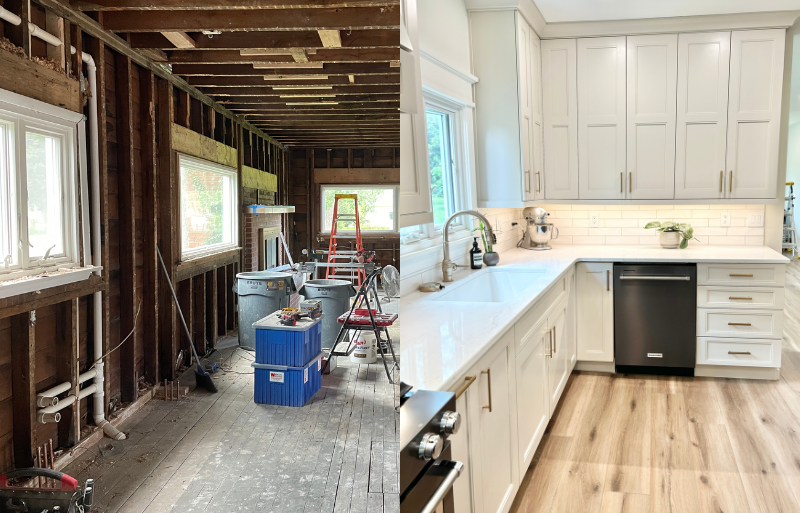 side by side of kitchen remodel torn up on left and finished on the right with painted cabinets and black stainless dishwasher