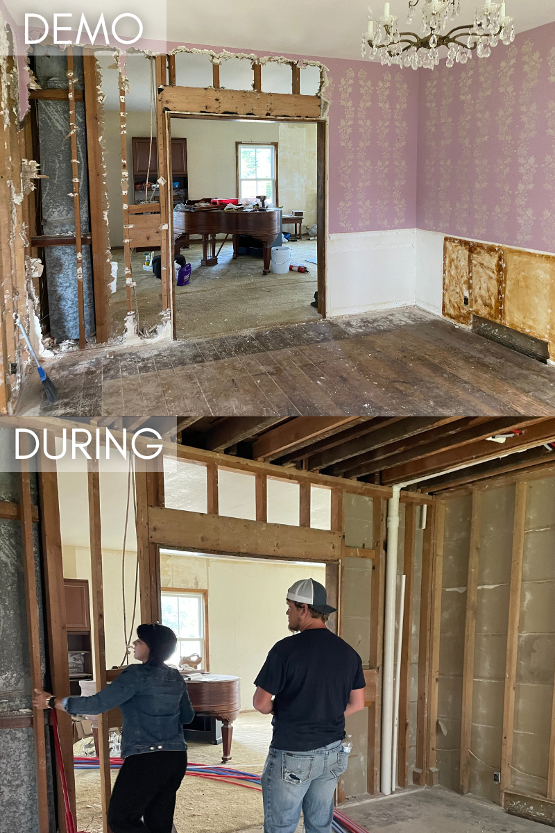 images of kitchen remodel demo shown right after tear out and again with designer and carpenter discussing doorway
