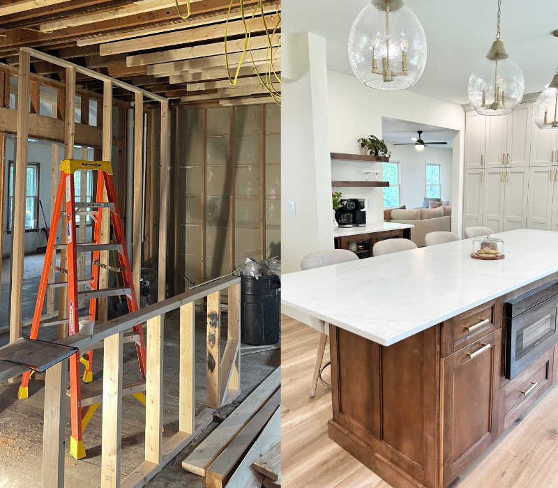 side by side images with demoed kitchen on left and finished bright kitchen remodel on the right
