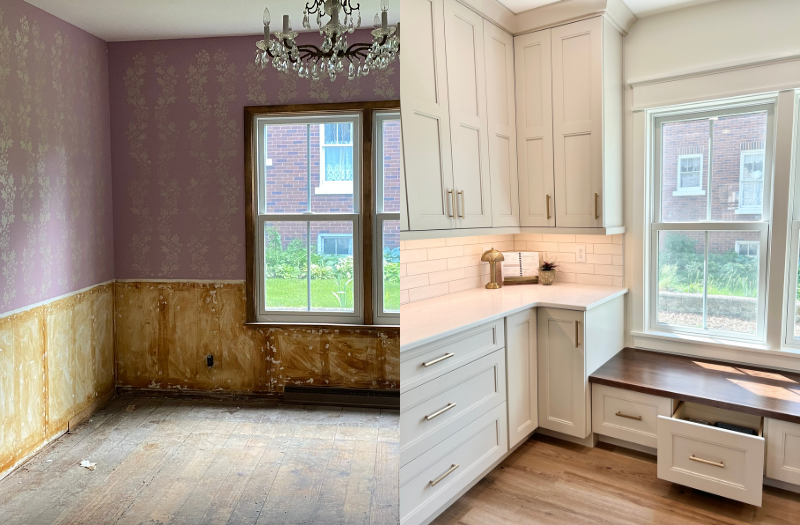 side by side images of torn out dining room on left and finished kitchen with bench seat below window on right