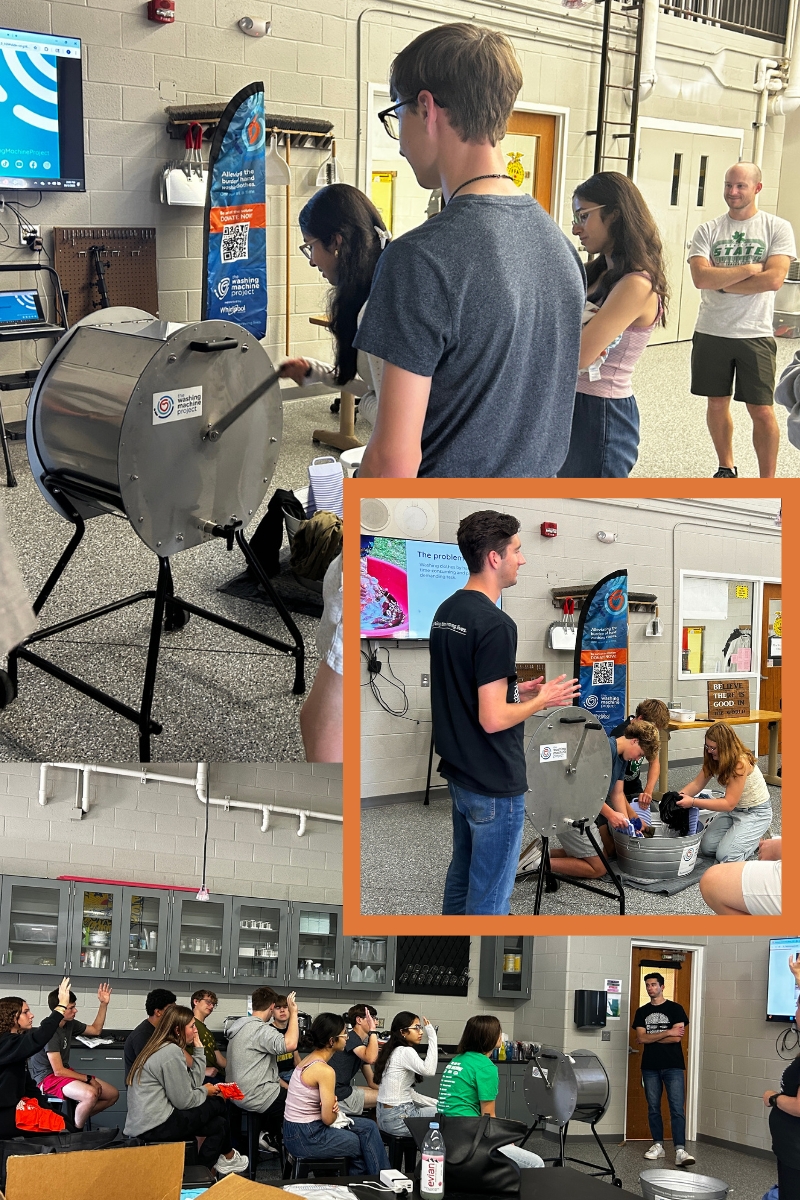 image collage with orange square accent showing washout at local high school and students hand washing items and learning
