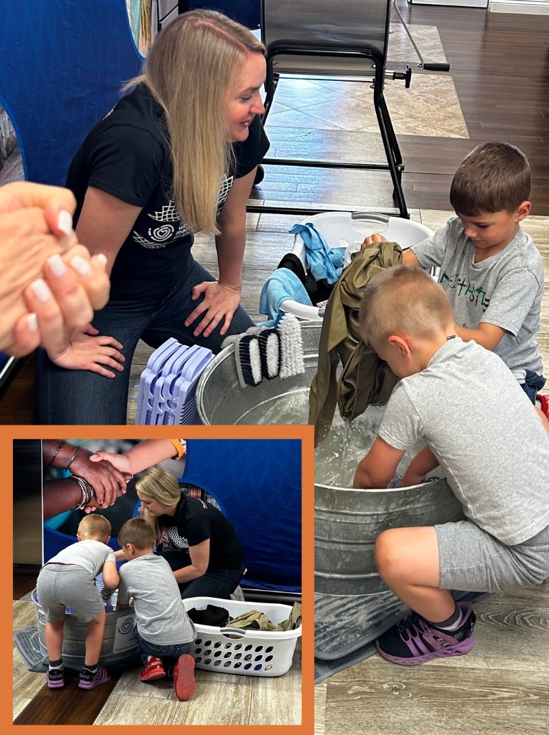 image collage with orange square accent showing children handwashing laundry at whirlpool washout event