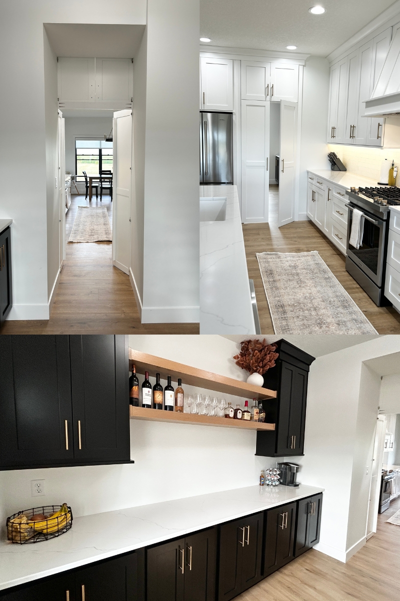 collage of hidden kitchen bar area images including view of inside trimmed out and full bar width of wall behind the pantry doors