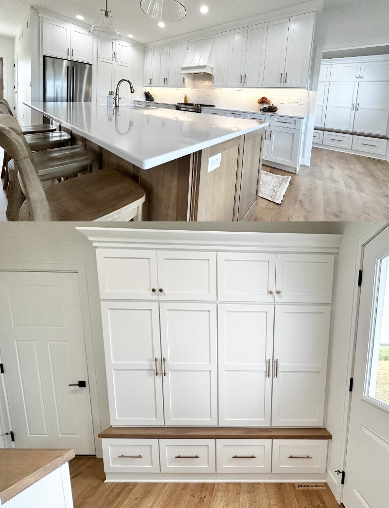 mudroom bench area shown just off of kitchen design in new home