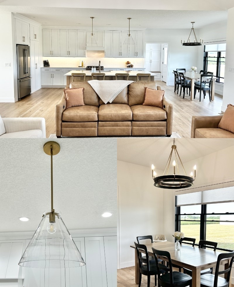 collage of images with open kitchen lighting including glass pendants above island and black and brass dining room light 