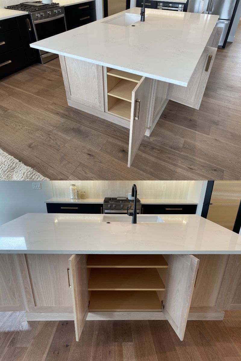 kitchen island design with large countertop and seating overhang plus storage on every side