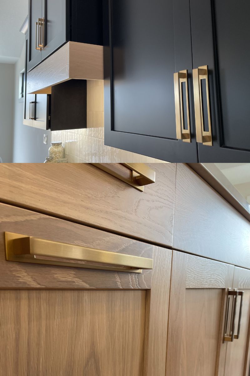 close up images of black painted cabinets and white oak light stained cabinets with brass handle hardware and backplates