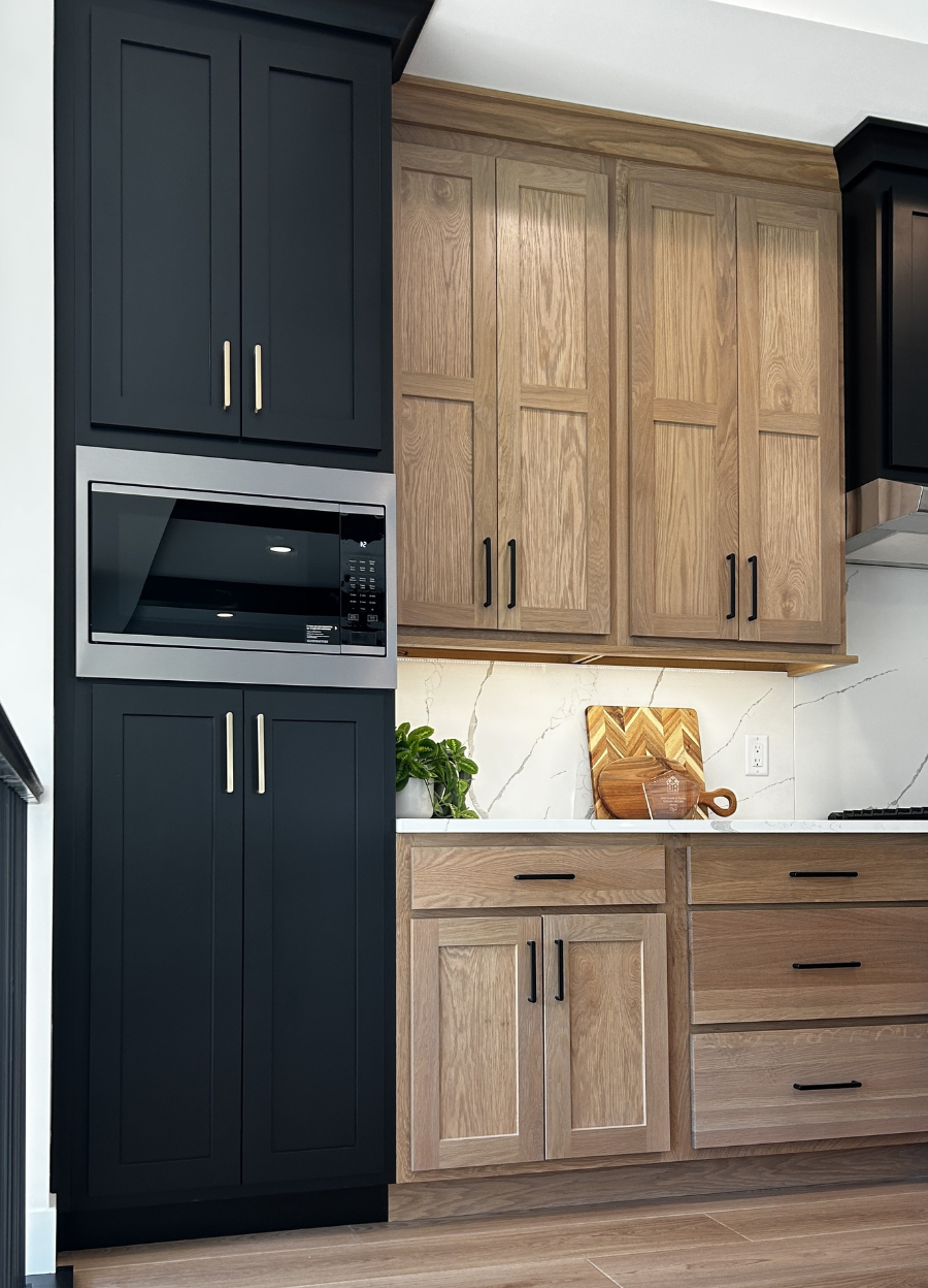 kitchen design with tall black wall oven cabinet fit for built in microwave at eye level