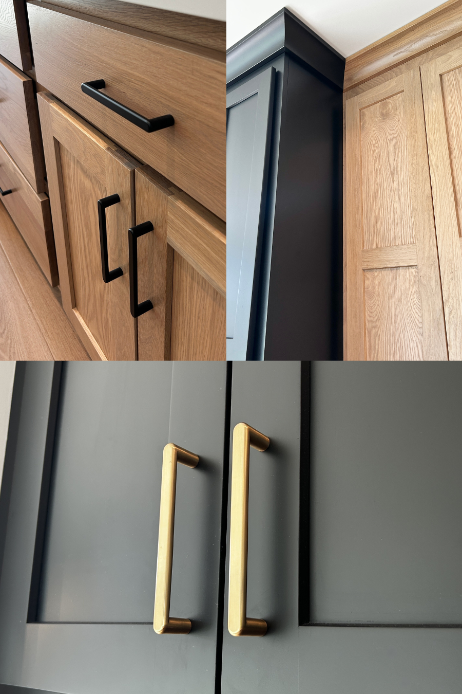 white oak and black cabinets with handle hardware in bronze and matte black