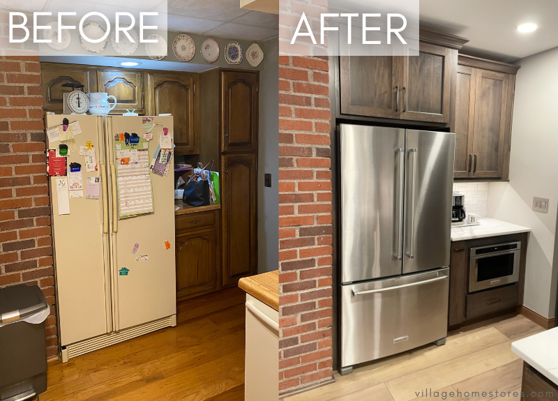 side by side before and after images of kitchen remodel with brick wall and refrigerator