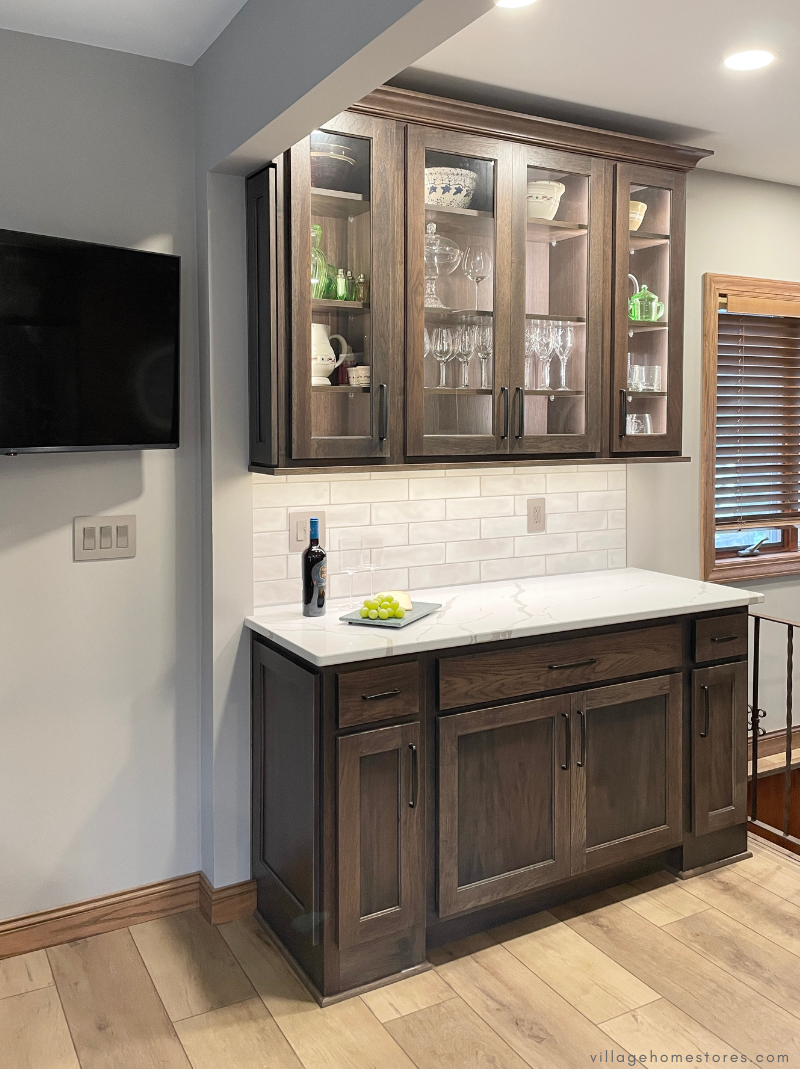 custom hutch cabinet area in kitchen with glass door display cabinets