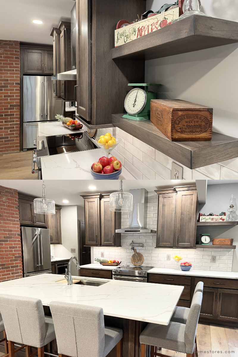 kitchen floating shelves installed in matching finish with kitchen cabinets