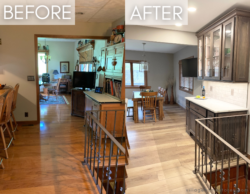 side by side before and after images of kitchen with wall removal and custom hutch added