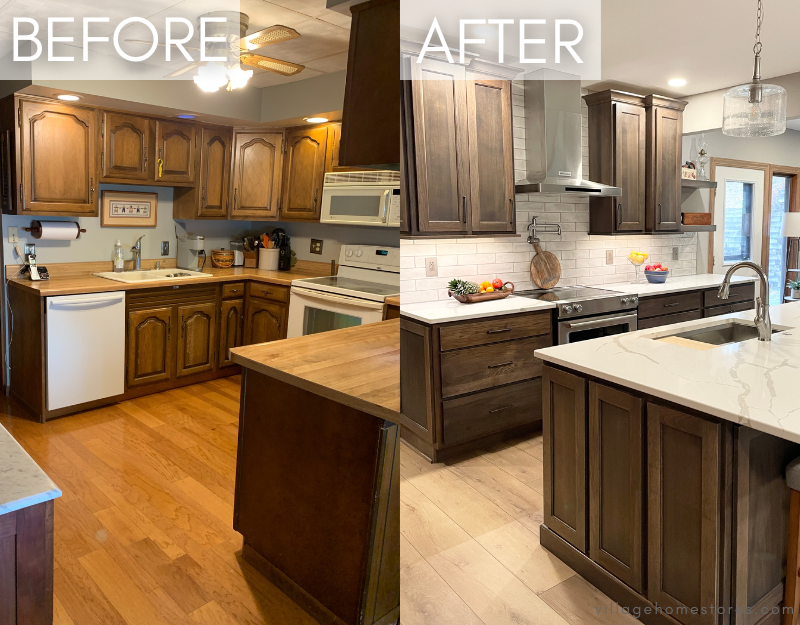 side by side before and after images of kitchen remodel by village home stores