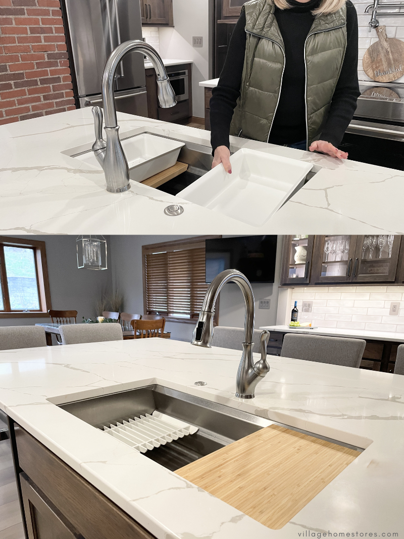 images of kitchen workstation sink with racks and cutting board accessories