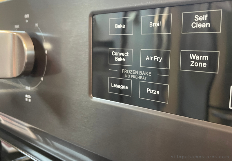 closeup of oven controls with convection and no preheat mode