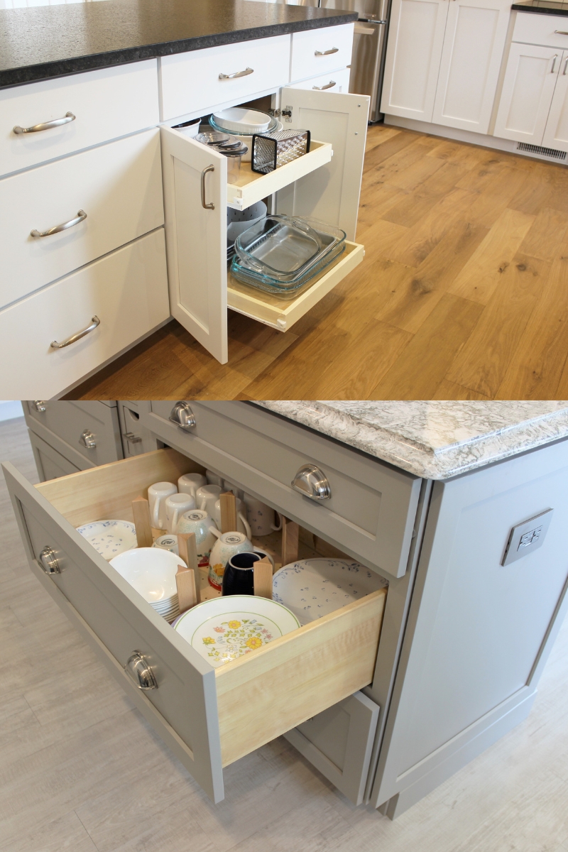 kitchen cabinet storage with slide out shelves and peg dish drawer