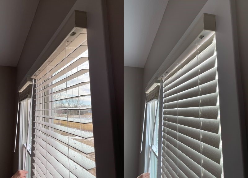 side by side images of white faux wood shades installed on windows with white trim