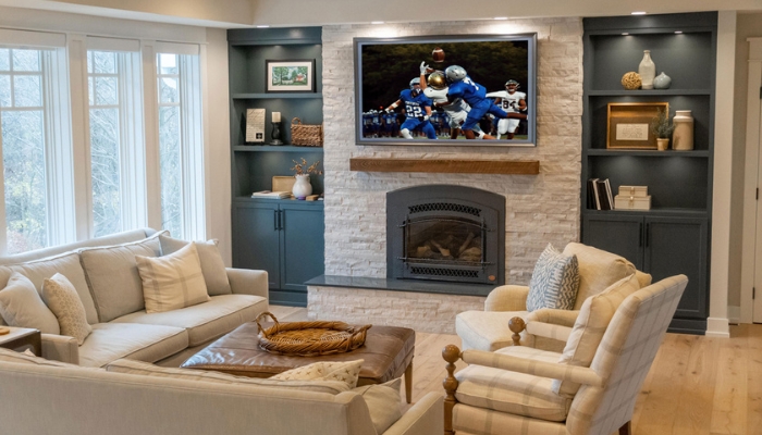 Luxury living room with a Samsung The Frame TV playing football