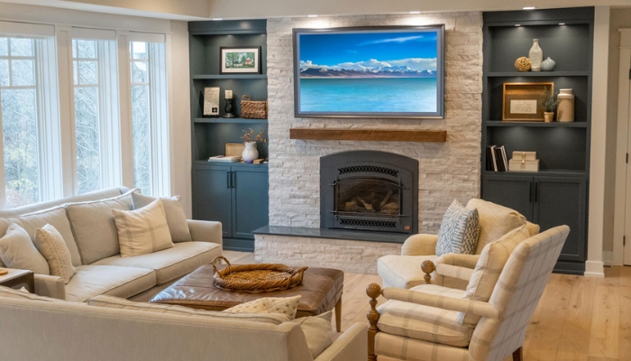 Same luxury living room with a Samsung The Frame TV showing art