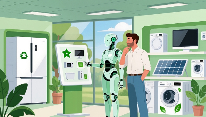 An illustrated graphic of a robot and a human shopping for appliances.