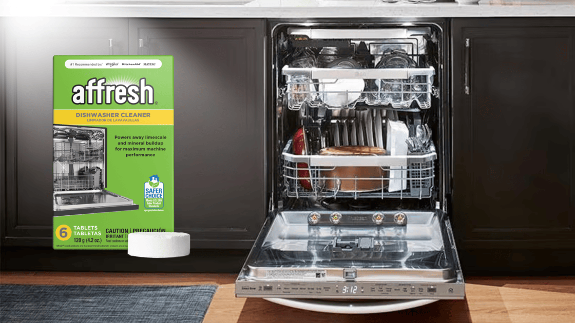 affresh dishwasher cleaner next to open dishwasher