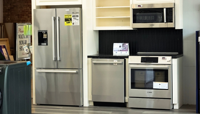 A collection of Bosch appliances on a showroom floor.