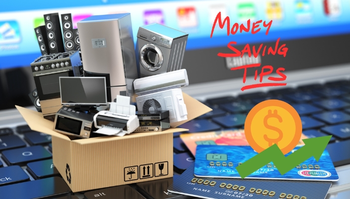 A box of appliances next to a graphic that says Money Saving Tips