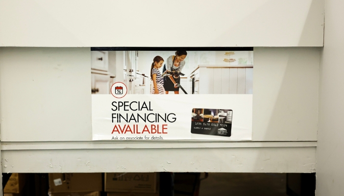 A closeup of a Special Financing sign in store.