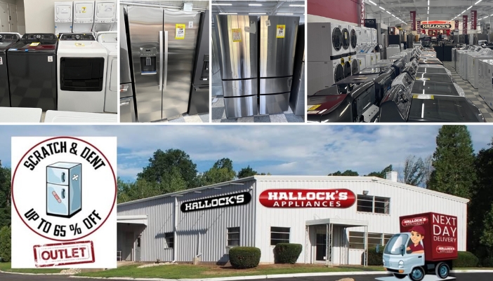An exterior shot of Hallock's Appliances and close-ups of scratch and dent appliances.