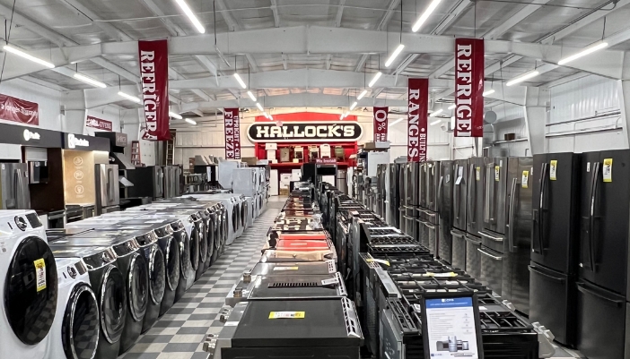 An interior shot of a showroom floor at Hallock's.