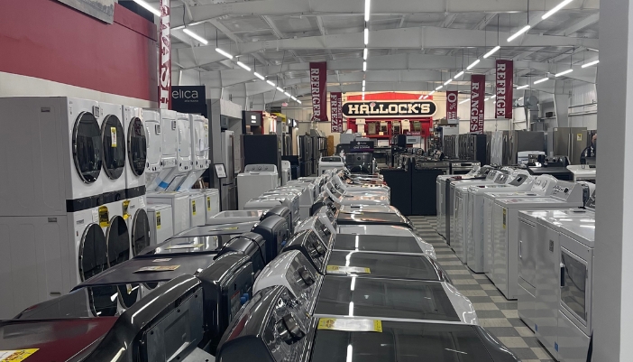 An interior shot of a showroom floor at Hallock's.