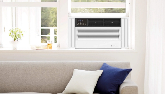 A window air conditioner unit in a modern living room.