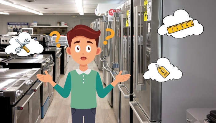 An illustrated man stands in an appliance showroom floor with question marks around his head.