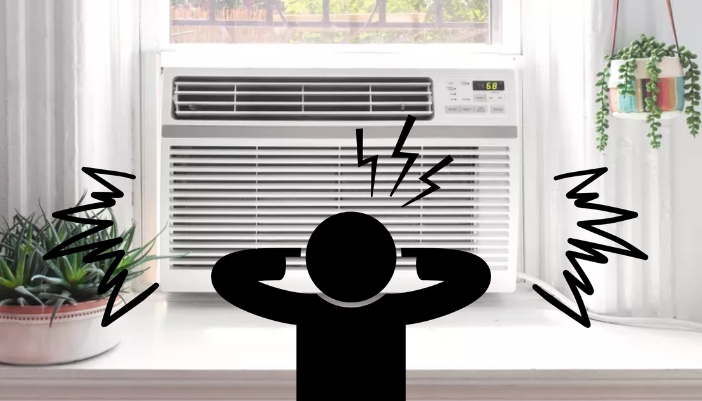 An icon of a frustrated person in front of a window air conditioner.