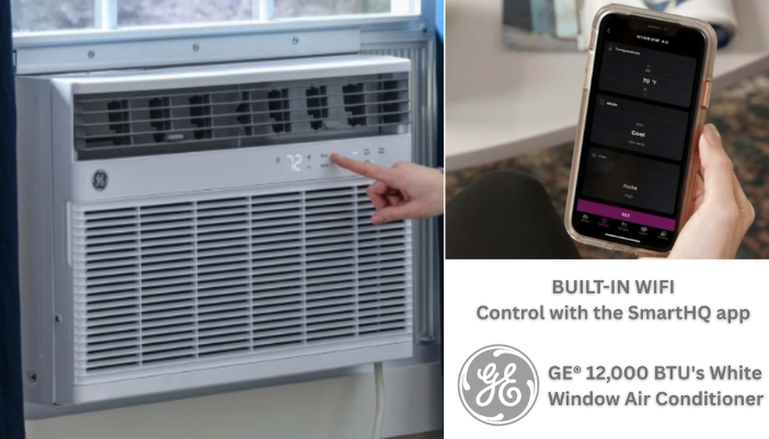 An infographic of a GE window air conditioner and the GE app.