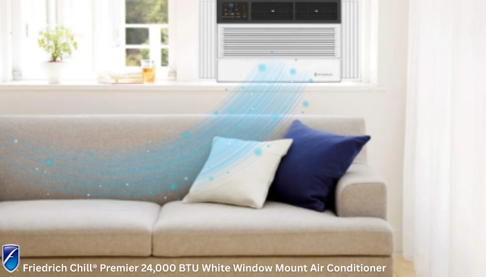 A Friedrich window air conditioning unit with an illustration of cool air coming out.