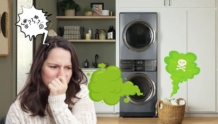 A woman plugs her nose near a washer that is indicated to smell.