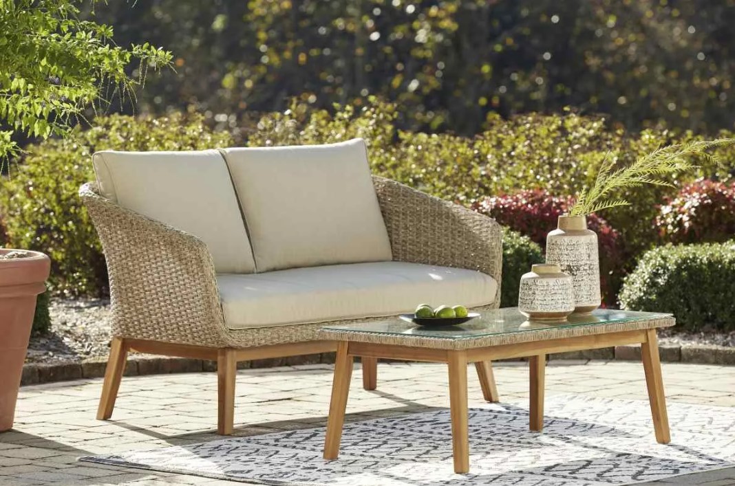 Signature Design by Ashley® Crystal Cave 2 Piece Beige Outdoor Conversation Set