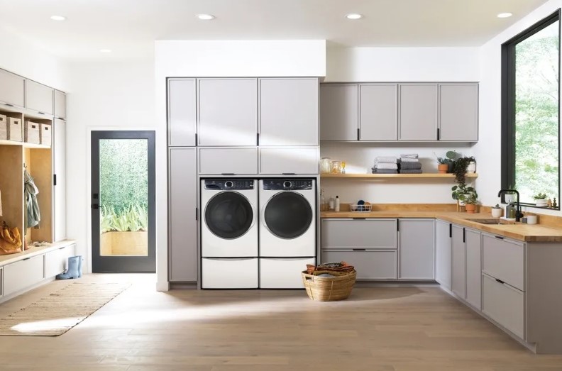 Front load washer and dryer in an upscale laundry room