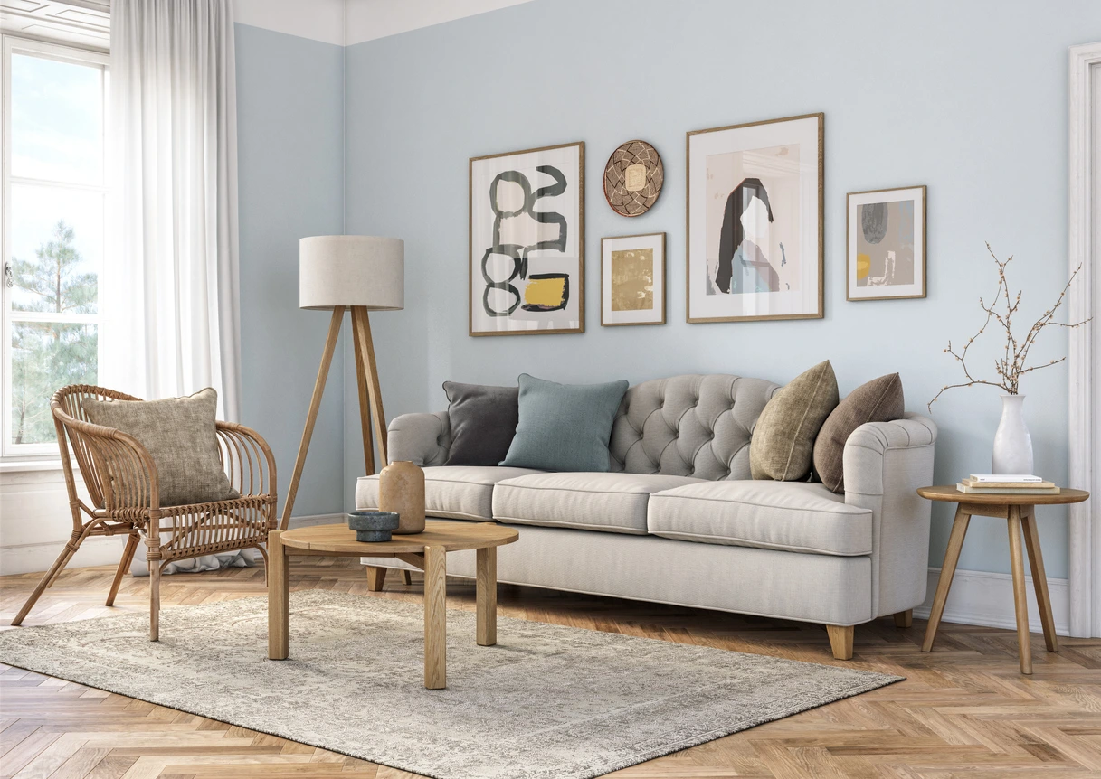 Modern living room with lighter toned wood furniture